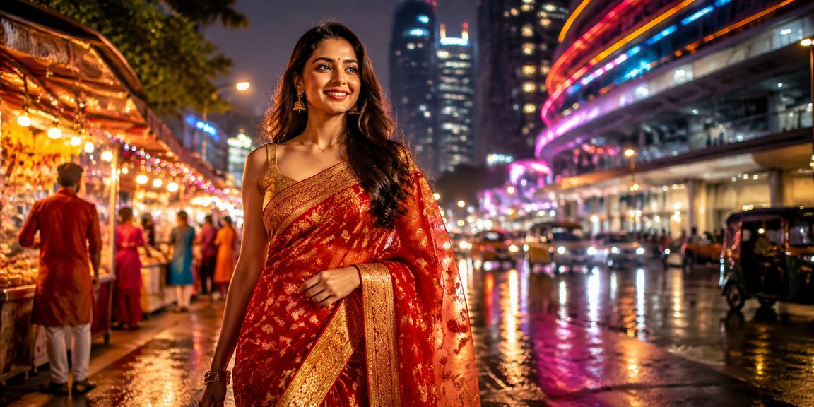 Festive Diwali red envelope and traditional Indian saree